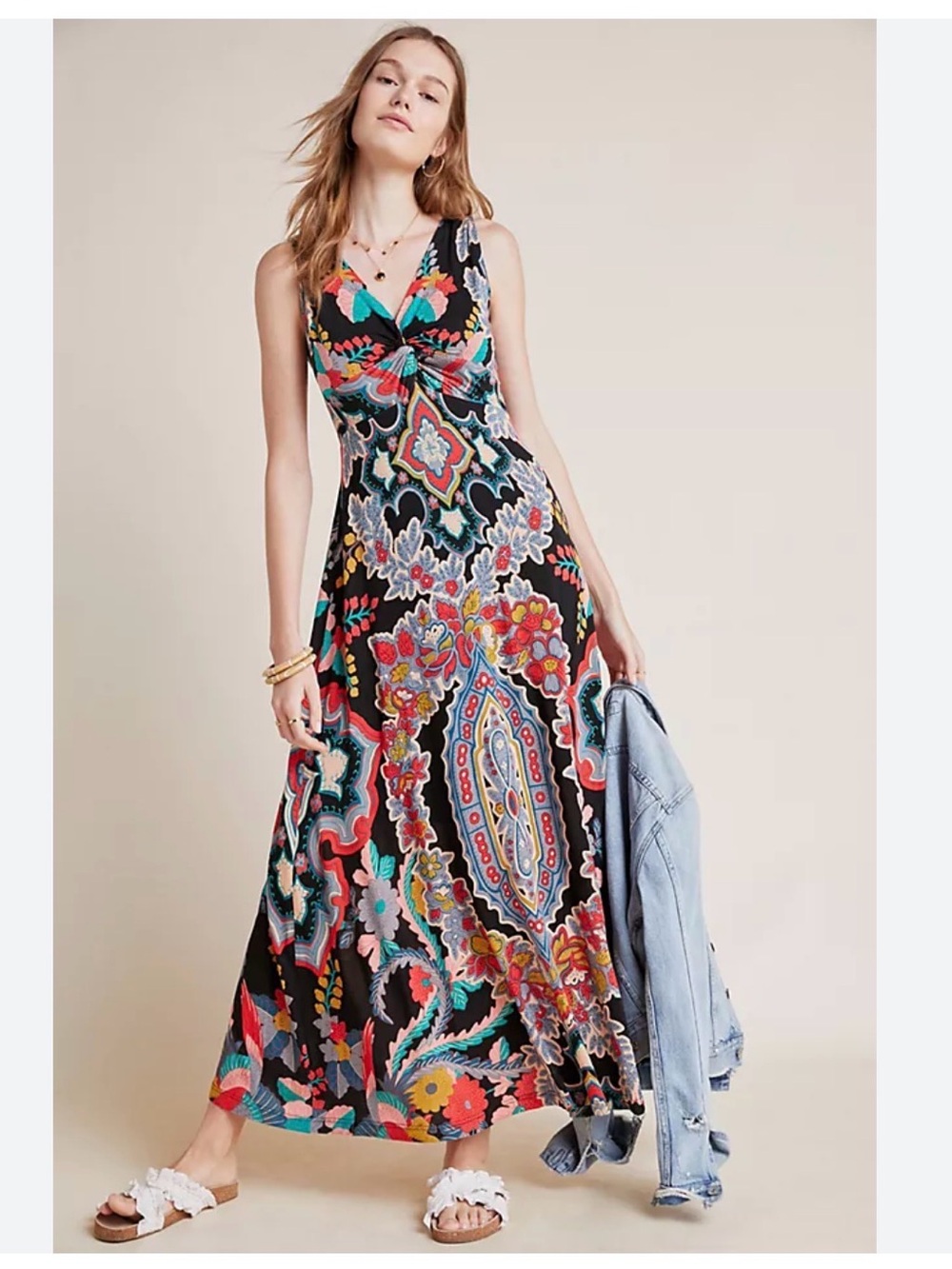 Maeve Anthropologie Camilla Maxi Dress, Black Floral Paisley